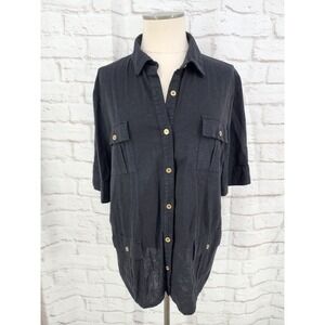 Jaclyn Smith Linen Blend Shirt Button Black Safari Lagenlook Summer Chic Sz XXL